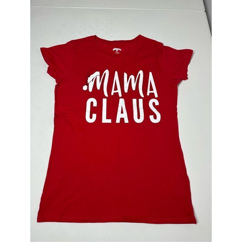 Womens Red & White Mama Claus Christmas Xmas Holiday Cotton Tee T-Shirt Size S